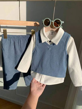SHEIN 3 قطع ملابس للأطفال الصبيان تشمل صدرية أرجايل كاجوال، قميص أبيض، وبنطلون كاجوال أزرق، مناسبة لحفلات عيد الميلاد، الحفلات المسائية، المناسبات، حفلات استقبال المواليد، المعمودية، وحفلات عيد الميلاد الأول