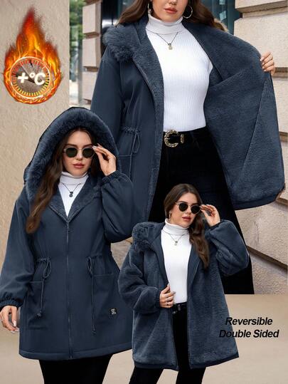 SHEIN Clasi معطف بارك مبطن بالأرنب ذو خصر مربوط بسحاب وقلنسوة للنساء ذوات الحجم الكبير، لون سادة، موضة كاجوال، خريف/شتاء