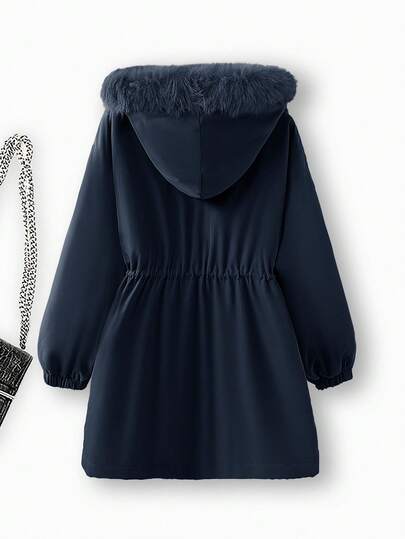 SHEIN Clasi معطف بارك مبطن بالأرنب ذو خصر مربوط بسحاب وقلنسوة للنساء ذوات الحجم الكبير، لون سادة، موضة كاجوال، خريف/شتاء