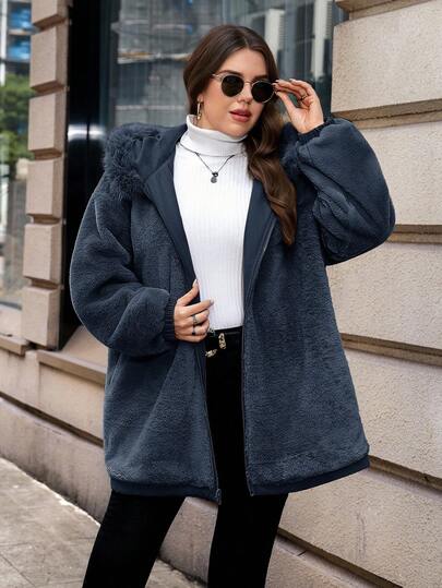 SHEIN Clasi معطف بارك مبطن بالأرنب ذو خصر مربوط بسحاب وقلنسوة للنساء ذوات الحجم الكبير، لون سادة، موضة كاجوال، خريف/شتاء