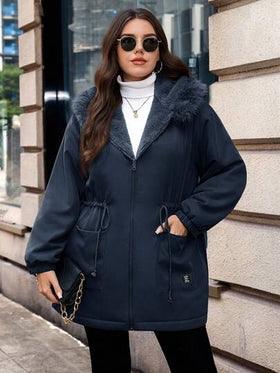 SHEIN Clasi معطف بارك مبطن بالأرنب ذو خصر مربوط بسحاب وقلنسوة للنساء ذوات الحجم الكبير، لون سادة، موضة كاجوال، خريف/شتاء