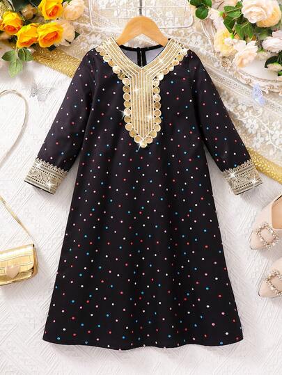 SHEIN فستان فضفاض للفتاة الصغيرة مزين بالدانتيل والترتر والنقاط الملونة، مناسب للربيع والخريف