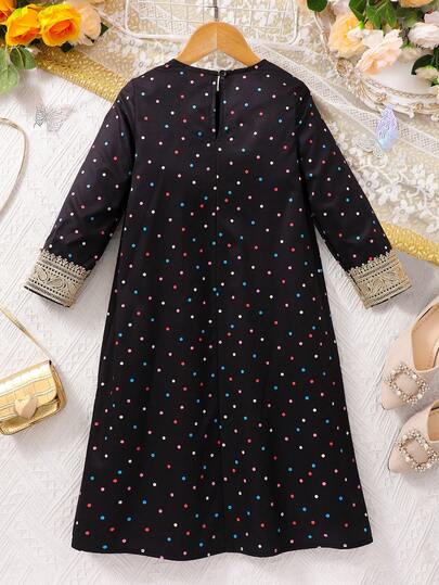 SHEIN فستان فضفاض للفتاة الصغيرة مزين بالدانتيل والترتر والنقاط الملونة، مناسب للربيع والخريف