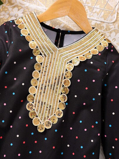 SHEIN فستان فضفاض للفتاة الصغيرة مزين بالدانتيل والترتر والنقاط الملونة، مناسب للربيع والخريف