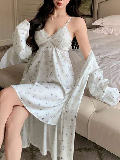 DAZY مجموعة ملابس نوم للنساء تتكون من رداء بتصميم زهري رومانسي من الدانتيل والفستان المنزلي رمضان