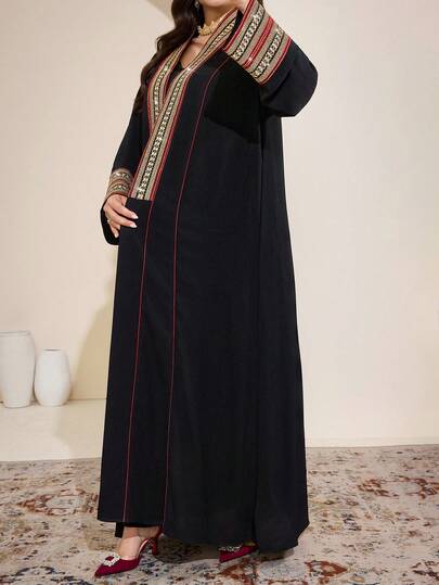 Al Najma رمضان عباية أنيقة طويلة الأكمام مزينة بشريط للنساء ذوات الحجم الكبير