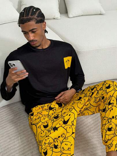 Mr Men Little Miss X SHEIN طقم بيجامة رجالي مريح من قميص بأكمام طويلة وبنطال بنمط كرتوني، للخريف
