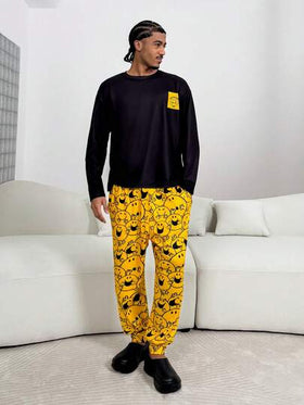 Mr Men Little Miss X SHEIN طقم بيجامة رجالي مريح من قميص بأكمام طويلة وبنطال بنمط كرتوني، للخريف