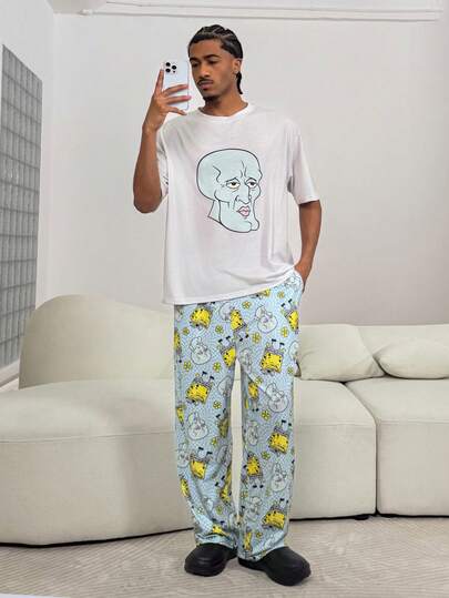 SpongeBob SquarePants | SHEIN طقم ملابس منزلية مكون من ملابس علوية بطبعة كرتونية مضحكة وبنطال فضفاض للرجال