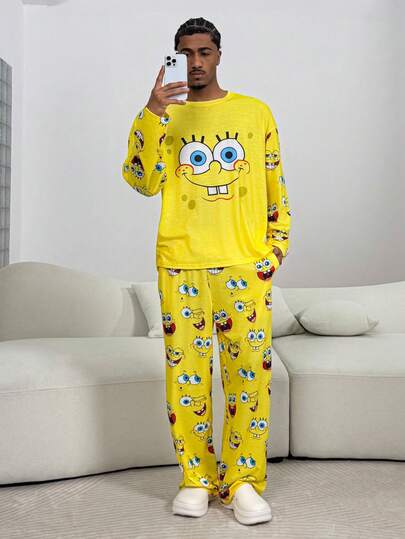 SpongeBob SquarePants | SHEIN بيجامة رجالية مكونة من ملابس علوية بأكمام طويلة وبنطلون بنمط كرتوني، مجموعة بيجامة باللون الأصفر، ملابس خريف وشتاء