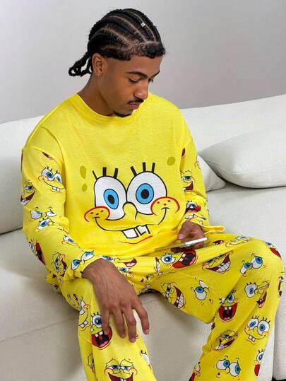 SpongeBob SquarePants | SHEIN بيجامة رجالية مكونة من ملابس علوية بأكمام طويلة وبنطلون بنمط كرتوني، مجموعة بيجامة باللون الأصفر، ملابس خريف وشتاء