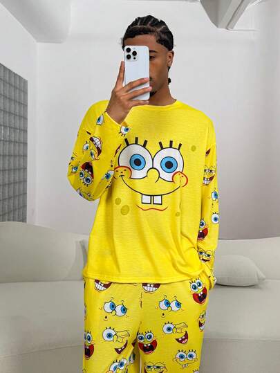 SpongeBob SquarePants | SHEIN بيجامة رجالية مكونة من ملابس علوية بأكمام طويلة وبنطلون بنمط كرتوني، مجموعة بيجامة باللون الأصفر، ملابس خريف وشتاء