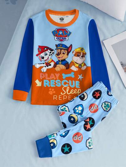 SHEIN | PAW Patrol بدلة بيجاما بتصميم طباعة كلب كرتوني للأولاد، ملابس علوية بأكمام طويلة وبنطال ملائم، مناسبة للخريف والشتاء
