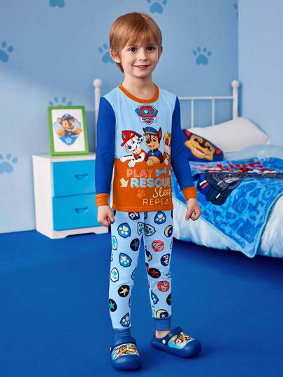 SHEIN | PAW Patrol بدلة بيجاما بتصميم طباعة كلب كرتوني للأولاد، ملابس علوية بأكمام طويلة وبنطال ملائم، مناسبة للخريف والشتاء