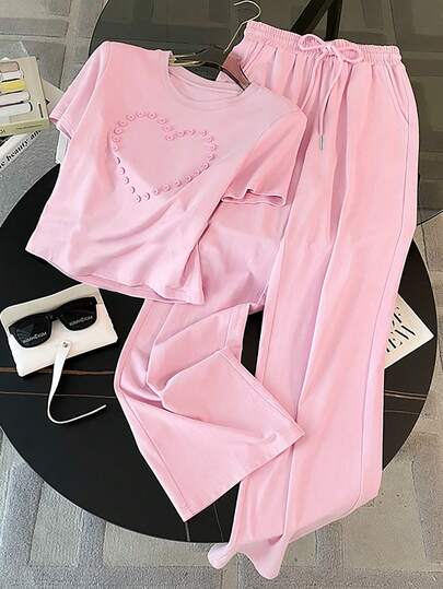 SHEIN طقم تيشرت رقبة دائرية بتصميم قلب، هدية للأصدقاء