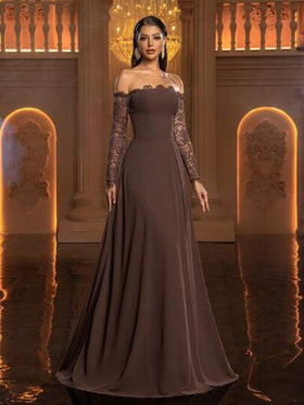 Glamrae فستان سهرة نسائي أنيق وبسيط، ذو فتحة للكتف وياقة دانتيل مكشكشة شبه شفافة، تصميم خط A مع شق مزدوج في الذيل، مناسب للمناسبات الرسمية، فستان خفيف من الشبك، مناسب لعيد الحب
