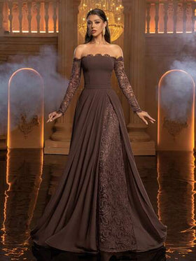 Glamrae فستان سهرة نسائي أنيق وبسيط، ذو فتحة للكتف وياقة دانتيل مكشكشة شبه شفافة، تصميم خط A مع شق مزدوج في الذيل، مناسب للمناسبات الرسمية، فستان خفيف من الشبك، مناسب لعيد الحب