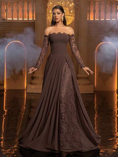 Glamrae فستان سهرة نسائي أنيق وبسيط، ذو فتحة للكتف وياقة دانتيل مكشكشة شبه شفافة، تصميم خط A مع شق مزدوج في الذيل، مناسب للمناسبات الرسمية، فستان خفيف من الشبك، مناسب لعيد الحب
