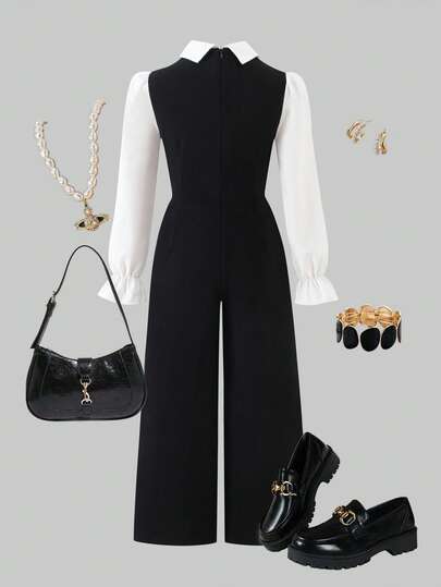 SHEIN هذه بدلة بقطعة واحدة مناسبة للفتيات المراهقات، تتميز بتصميم ياقة مرتفعة، أكمام طويلة، وزخارف أزرار على صفين. لها طراز واسع الساق مرتاح. مصنوعة من مزيج من الأقمشة السوداء والبيضاء. هذه البدلة مثالية للارتداء اليومي والتنقل في الحرم الجامعي، ومناسبة ل