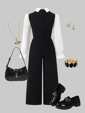 SHEIN هذه بدلة بقطعة واحدة مناسبة للفتيات المراهقات، تتميز بتصميم ياقة مرتفعة، أكمام طويلة، وزخارف أزرار على صفين. لها طراز واسع الساق مرتاح. مصنوعة من مزيج من الأقمشة السوداء والبيضاء. هذه البدلة مثالية للارتداء اليومي والتنقل في الحرم الجامعي، ومناسبة ل