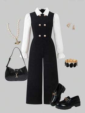 SHEIN هذه بدلة بقطعة واحدة مناسبة للفتيات المراهقات، تتميز بتصميم ياقة مرتفعة، أكمام طويلة، وزخارف أزرار على صفين. لها طراز واسع الساق مرتاح. مصنوعة من مزيج من الأقمشة السوداء والبيضاء. هذه البدلة مثالية للارتداء اليومي والتنقل في الحرم الجامعي، ومناسبة ل