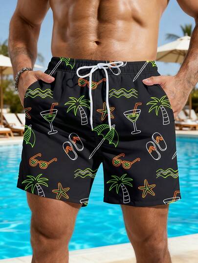 Manfinity Swimmode شورت شاطئ للرجال مطبوع بالكامل مع جيب وخصر بسحاب