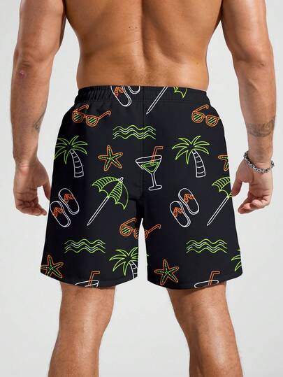 Manfinity Swimmode شورت شاطئ للرجال مطبوع بالكامل مع جيب وخصر بسحاب