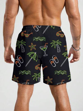 Manfinity Swimmode شورت شاطئ للرجال مطبوع بالكامل مع جيب وخصر بسحاب