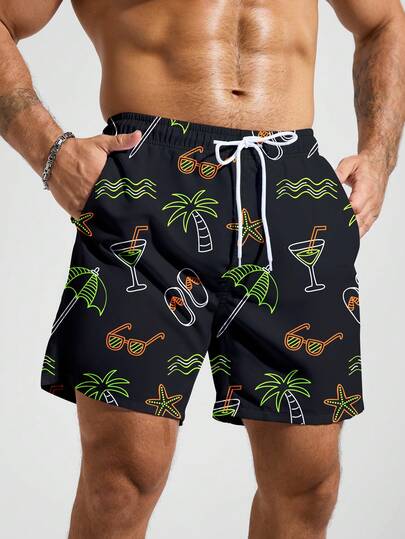 Manfinity Swimmode شورت شاطئ للرجال مطبوع بالكامل مع جيب وخصر بسحاب