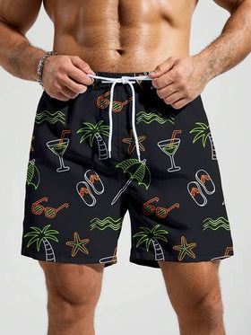 Manfinity Swimmode شورت شاطئ للرجال مطبوع بالكامل مع جيب وخصر بسحاب
