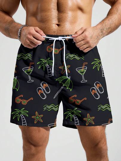 Manfinity Swimmode شورت شاطئ للرجال مطبوع بالكامل مع جيب وخصر بسحاب