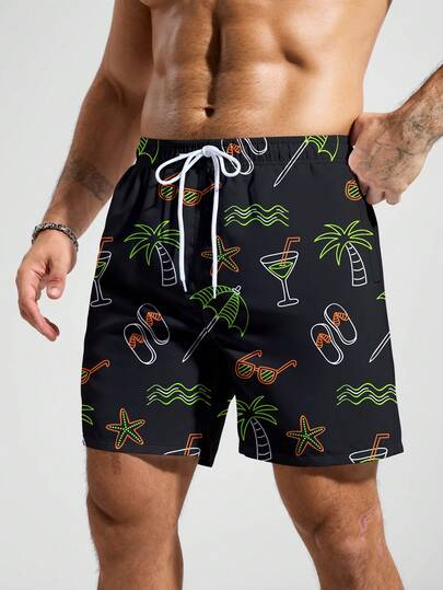 Manfinity Swimmode شورت شاطئ للرجال مطبوع بالكامل مع جيب وخصر بسحاب