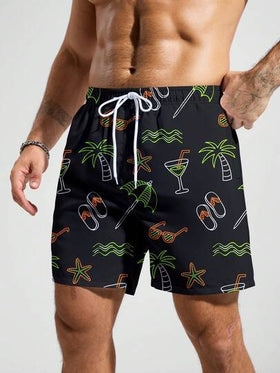 Manfinity Swimmode شورت شاطئ للرجال مطبوع بالكامل مع جيب وخصر بسحاب
