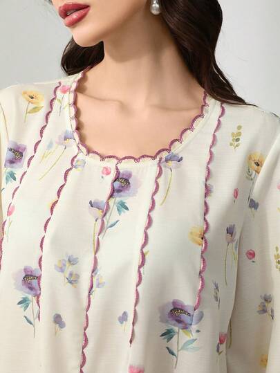 Yasmyna رمضان فستان طويل فضفاض بطبعة زهرية بطراز عربي قديم، بياقة دائرية وأكمام طويلة للنساء