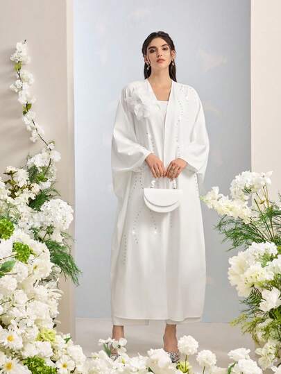 Al Najma رمضان عباءة نسائية بأكمام طويلة ذات لون أحادي وزهور ثلاثية الأبعاد للاستخدام اليومي البسيط