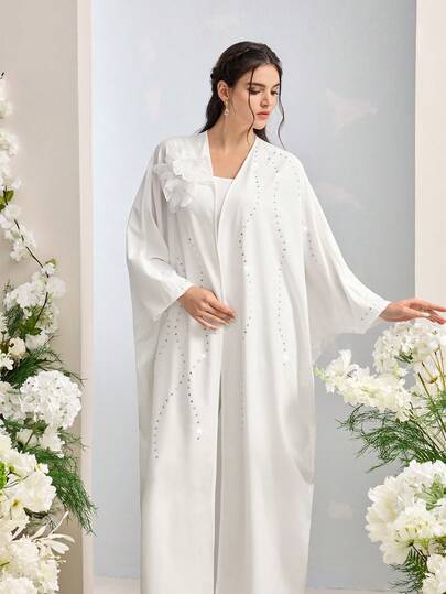 Al Najma رمضان عباءة نسائية بأكمام طويلة ذات لون أحادي وزهور ثلاثية الأبعاد للاستخدام اليومي البسيط