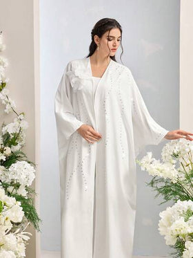 Al Najma رمضان عباءة نسائية بأكمام طويلة ذات لون أحادي وزهور ثلاثية الأبعاد للاستخدام اليومي البسيط