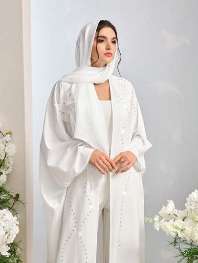 Al Najma رمضان عباءة نسائية بأكمام طويلة ذات لون أحادي وزهور ثلاثية الأبعاد للاستخدام اليومي البسيط