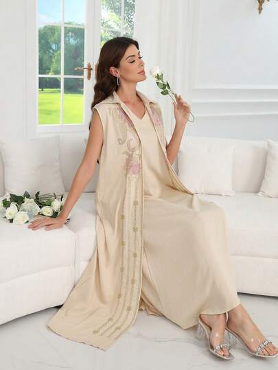 رمضان عباية مطرزة أنيقة مزينة بالخرز، فستان رداء بدون أكمام، أجواء رمضان، تصميم جديد لعام 2026 ناعم وراحة
