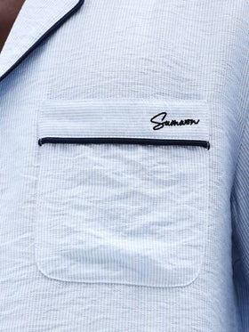SUMWON بيجامة مكونة من قميص بأكمام طويلة وياقة مفرقعة وأزرار وبنطلون مطاطي الخصر مع خطوط تباين