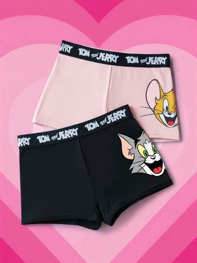 TOM & JERRY X SHEIN سروال داخلي للنساء قطعتين مريح وجميل بطباعة أحرف وأنماط كرتونية