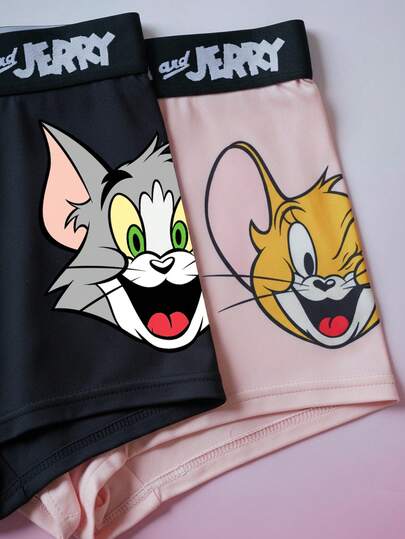 TOM & JERRY X SHEIN سروال داخلي للنساء قطعتين مريح وجميل بطباعة أحرف وأنماط كرتونية