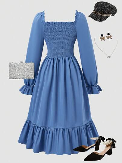 SHEIN رمضان فستان أنيق أسود متوسط الطول للمراهقات، ذو رقبة مربعة وأكمام منتفخة، خصر مزين بفيونكة وطيات، مناسب للتجمعات العائلية والحفلات والاستخدام اليومي