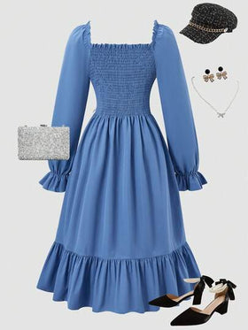 SHEIN رمضان فستان أنيق أسود متوسط الطول للمراهقات، ذو رقبة مربعة وأكمام منتفخة، خصر مزين بفيونكة وطيات، مناسب للتجمعات العائلية والحفلات والاستخدام اليومي