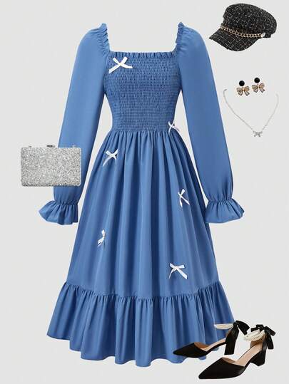 SHEIN رمضان فستان أنيق أسود متوسط الطول للمراهقات، ذو رقبة مربعة وأكمام منتفخة، خصر مزين بفيونكة وطيات، مناسب للتجمعات العائلية والحفلات والاستخدام اليومي