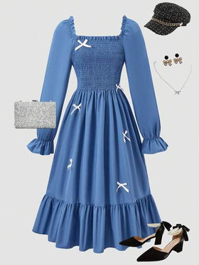 SHEIN رمضان فستان أنيق أسود متوسط الطول للمراهقات، ذو رقبة مربعة وأكمام منتفخة، خصر مزين بفيونكة وطيات، مناسب للتجمعات العائلية والحفلات والاستخدام اليومي