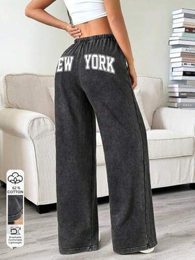 Tseoso بنطلون رياضي قطن 62% للنساء بخصر منخفض وساق مستقيمة مع طباعة "نيويورك"، بتصميم فضفاض وواسع الساق بسحاب للخصر، باللون الأسود، ملائم للرقص الهيب هوب والرياضة والجيم والملابس الشارعية في فصل الخريف والشتاء
