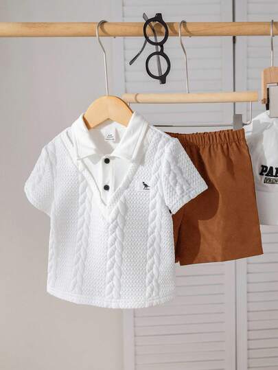 SHEIN طقم قميص بولو وشورت ذو خصر مطاطي مناسب للأطفال الصبيان، مناسب لحفلات عيد الميلاد، الحفلات المسائية، الأداء، الزفاف، حفلات استقبال المولود الجديد، احتفال عيد الميلاد الأول