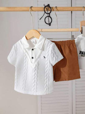SHEIN طقم قميص بولو وشورت ذو خصر مطاطي مناسب للأطفال الصبيان، مناسب لحفلات عيد الميلاد، الحفلات المسائية، الأداء، الزفاف، حفلات استقبال المولود الجديد، احتفال عيد الميلاد الأول