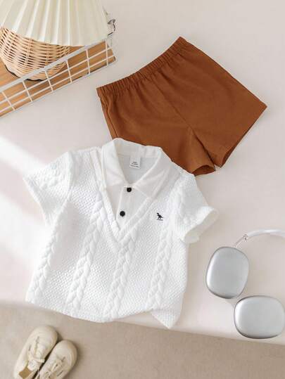 SHEIN طقم قميص بولو وشورت ذو خصر مطاطي مناسب للأطفال الصبيان، مناسب لحفلات عيد الميلاد، الحفلات المسائية، الأداء، الزفاف، حفلات استقبال المولود الجديد، احتفال عيد الميلاد الأول